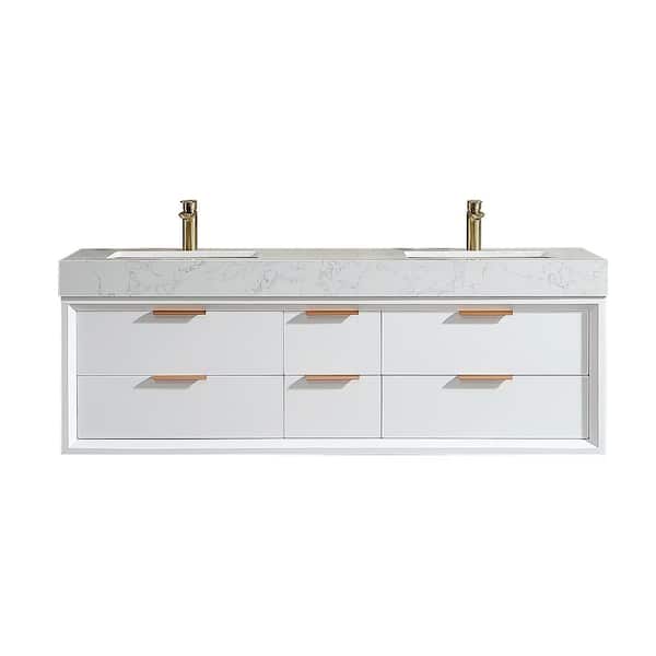 Xspracer Moray 60 in. W x 21 in. D x 21 in. H Double Sinks Floating Bath Vanity in White with White Engineer Stone Composite Top