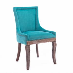Elegant Blue Fabric Upholstered Dining Chairs Side Chair with Wood Legs, Bronze Nail Head and Backrest (Set of 2)