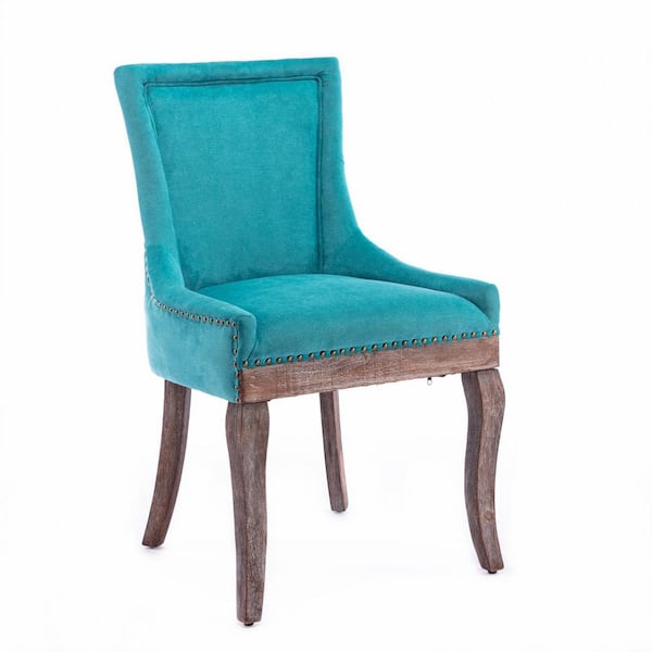 URTR Elegant Blue Fabric Upholstered Dining Chairs Side Chair with Wood Legs, Bronze Nail Head and Backrest (Set of 2)