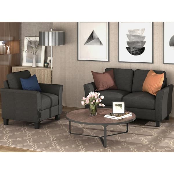 GODEER 54 in. W 2-piece Linen Living Room Furniture Armrest Single Chair and Loveseat Sofa in Black