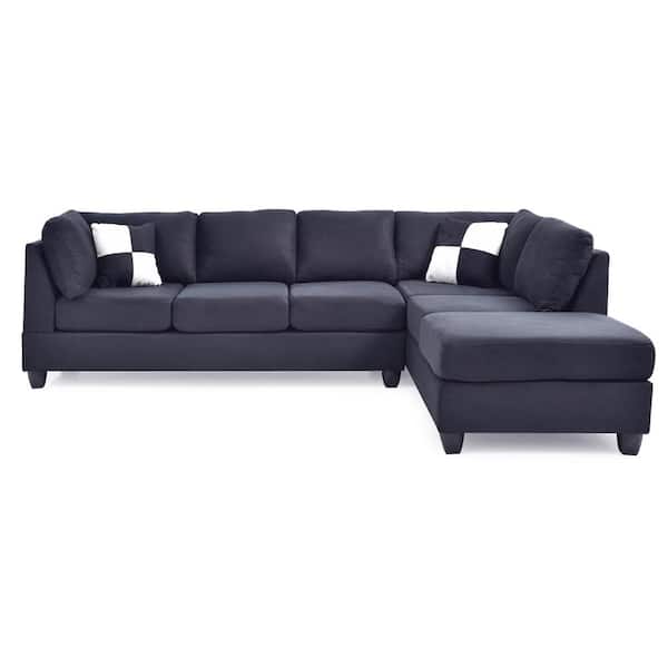 AndMakers Malone 111 in. Black Suede 4-Seater Sectional Sofa with 2-Throw Pillow
