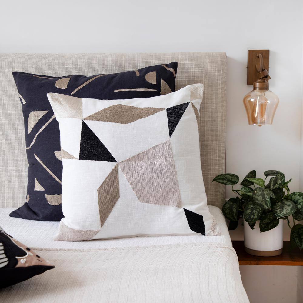 Ivory and Tan Geometric Embroidered Cotton Blend Throw Pillow