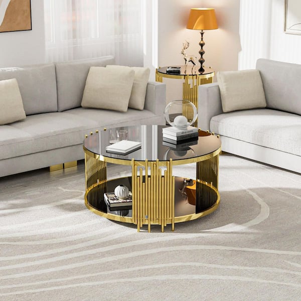 35 in. Black Round Glass Coffee Table with Tempered Glass&Gold Legs, 2-Tier Stainless Steel Center Table for Living Room