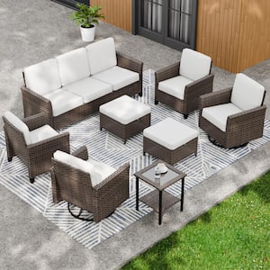 8-Piece Mix Brown Wicker Patio Conversation Set Wide Armrest 3-Seat Sofa Set, Beige Cushions, 2-Swivel Chairs