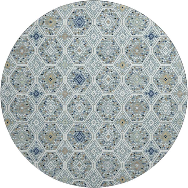 Mayfield Premium Machine Washable Abstract AMF2471 Teal 8 ft. x 8 ft. Round Rug
