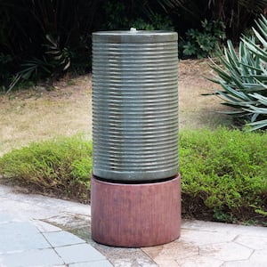 Concrete Cylinder Green and Brown Ribbed Water Fountain Birdbath