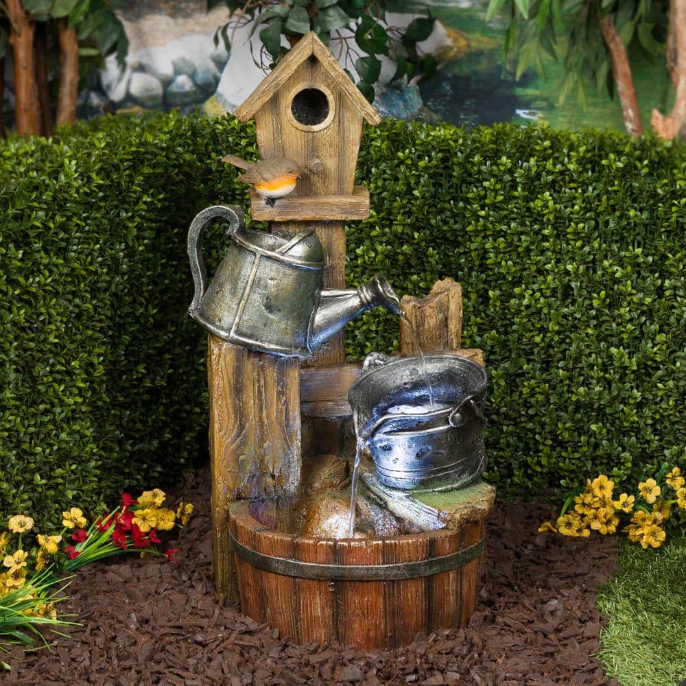 Rustic Polystone Watering Can Birdhouse Fountain with LED Lights