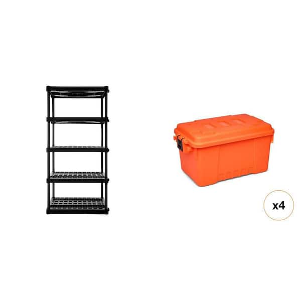 5-Tier Black Garage Shelving Unit (18 in. x 36 in. x 74 in.) and 14-Gal. Blaze Orange Storage Box Combo