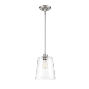 Meridian 9.5 in. W x 11.5 in. H 1-Light Brushed Nickel Pendant Light with Clear Open Glass Shade