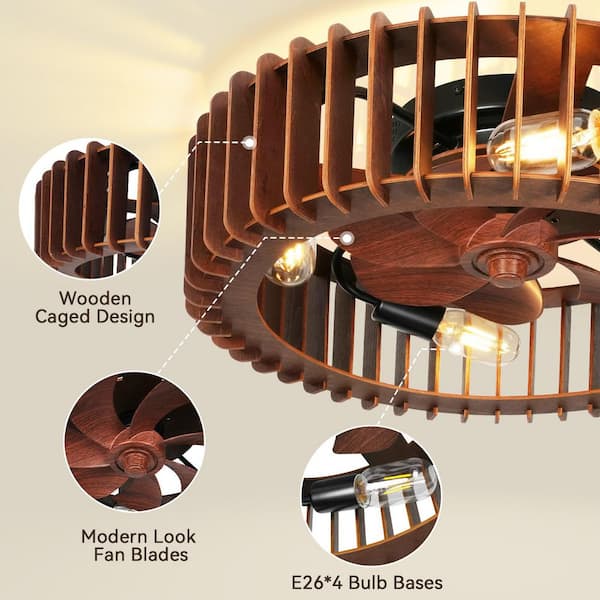 20 in. Indoor Dark Walnut Plywood Caged Ceiling Fan with Lights and Remote Control, Flush Mount Ceiling Fan for Bedroom