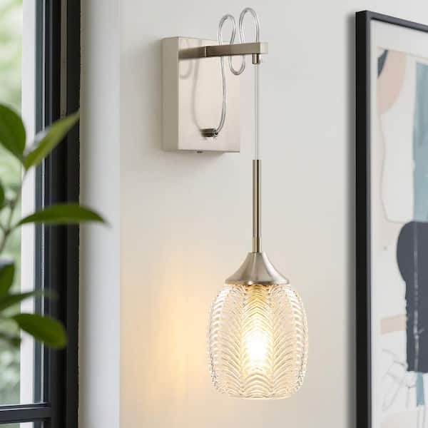 Modern 1-Light Nickel Wall Sconce Dimmable and Adjustable Height Wall Light with Clear Glass Shade