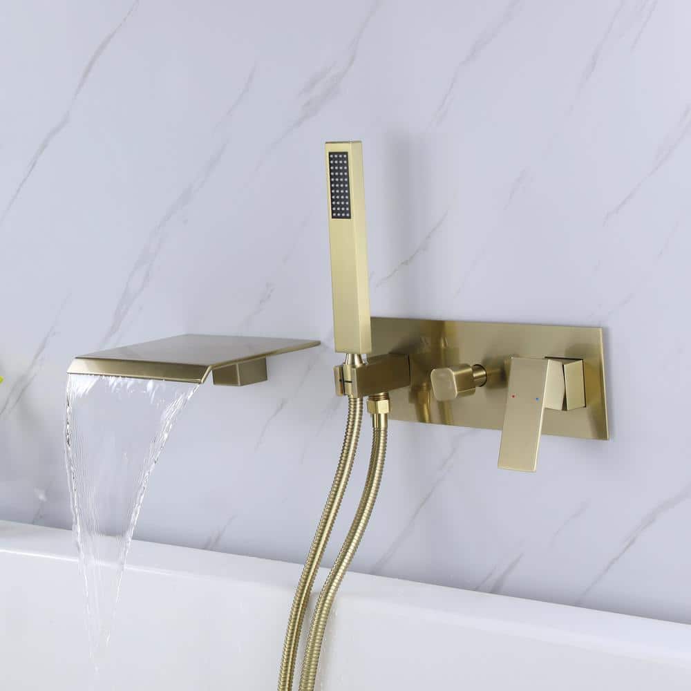 Brushed Gold Wall-Mounted Waterfall Tub Filler with Hand Shower
