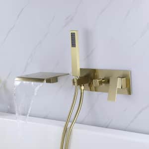 Double Handle Wall Mount Waterfall Roman Tub Faucet with Hand Shower in Brushed Gold