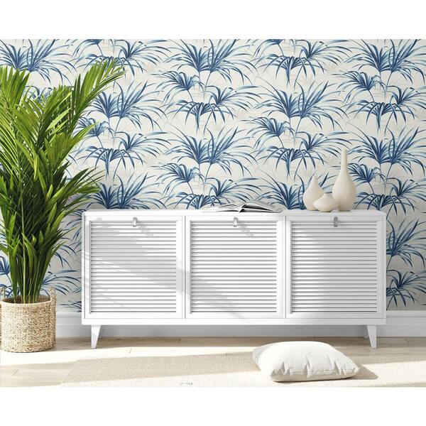 56 sq. ft. Marine Blue Open Palm Leaf Unpasted Paper Wallpaper Roll