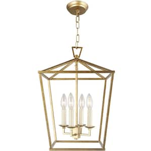 Lesse 100-Watt 4-Light Rustic Gold Pendant-Light with Metal Open Frame Shade, No Bulbs Included