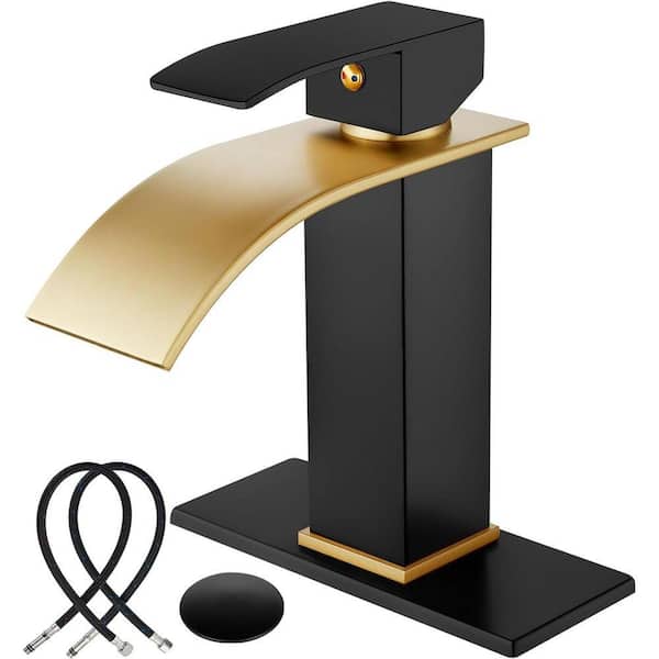 Single Handle Single Hole Bathroom Faucet with Deckplate Included and Pop Up Drain in Brushed Gold and Matte Black