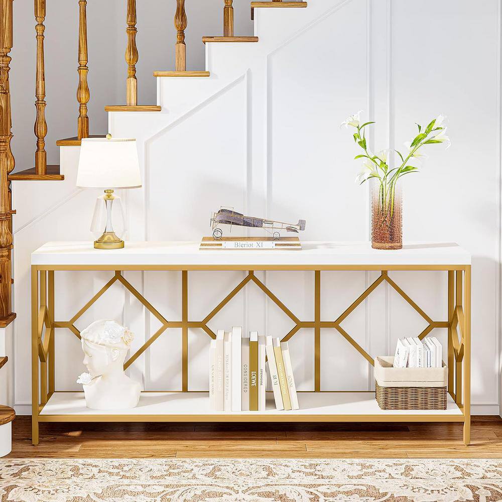 White and Gold 71" Wood and Metal Console Table with Storage
