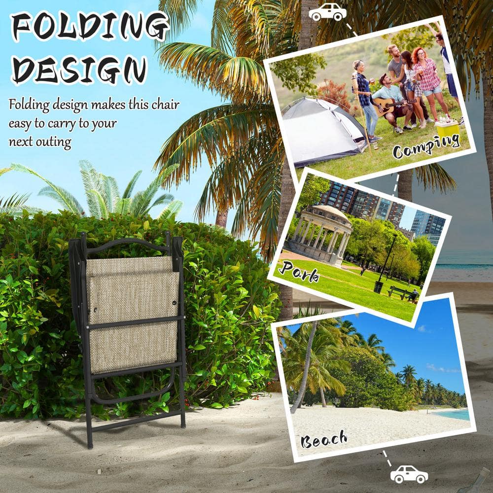 Beige Folding Camping Chairs with Armrests, Set of 4
