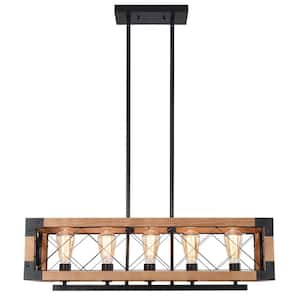 5-Light Matte Black + Natural Wood Color Linear Rectangular Chandelier For Kitchen Island with No Bulbs Included