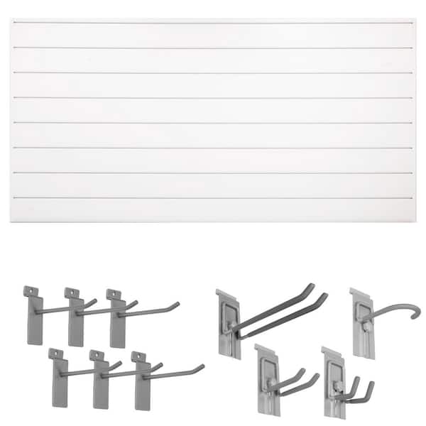 CROWNWALL 48 in. H x 96 in. W Starter Bundle PVC Slatwall Panel Set with Locking Hook Kit in White (10-Piece)