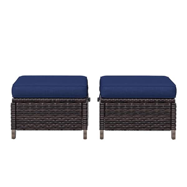 Brown Wicker Outdoor Patio Ottoman with Removable Blue Cushion