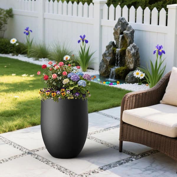 DurX-litecrete 16 in. Large Matte Black Concrete Tall Round Planter / Pot  with Drainage Hole for Indoor and Outdoor XRC066A-C03-N