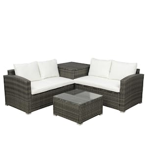 4-Piece Wicker Patio Conversation Set with Beige Cushions and Storage Box