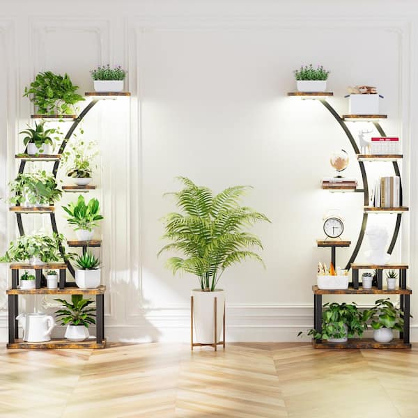 Miller 63.5 in. H Rustic Brown Specialty MDF Wood Indoor Plant Stand with Grow Lights 9-Tier, Set of 2