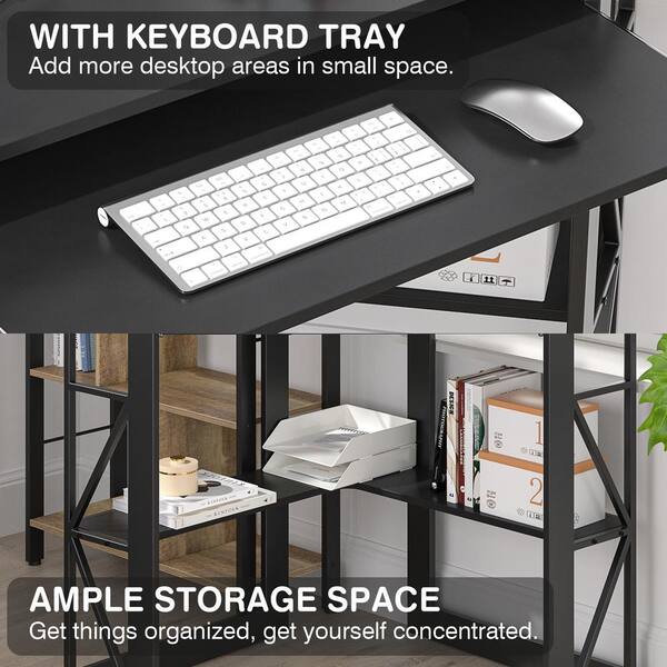 VECELO - Corner Computer Desk with Built-In Charging Station, Keyboard Tray and Storage Shelves, 41 in. Triangle Table, Black