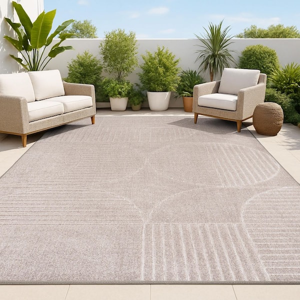 JONATHAN Y Nordby High-Low Geometric Arch Scandi Striped Taupe/Beige 4 ft. x 6 ft. Indoor/Outdoor Area Rug