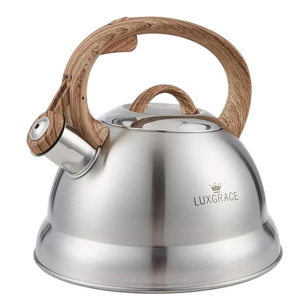 2.3 Qt. Satin Finish Stainless Steel Whistling Tea Kettle Teapot with Ergonomic Wood Rubber Touching Handle