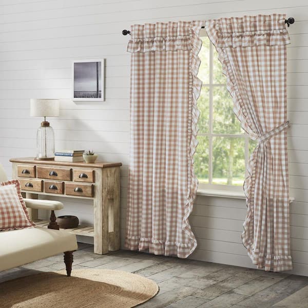 VHC BRANDS Annie Buffalo Check 40 in W x 84 in L Ruffled Light Filtering Rod Pocket Window Panel in Portabella White Pair