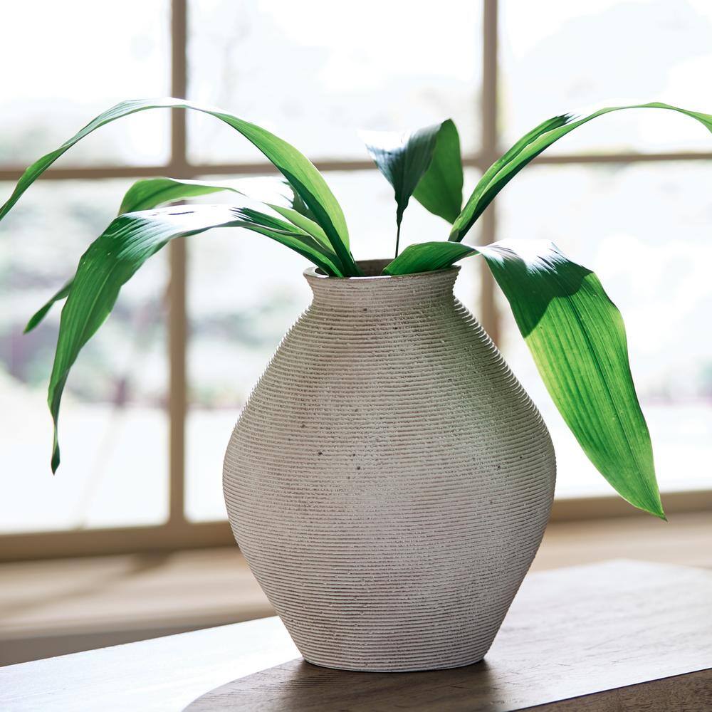 Beige Ribbed Polyresin 12" Contemporary Vase