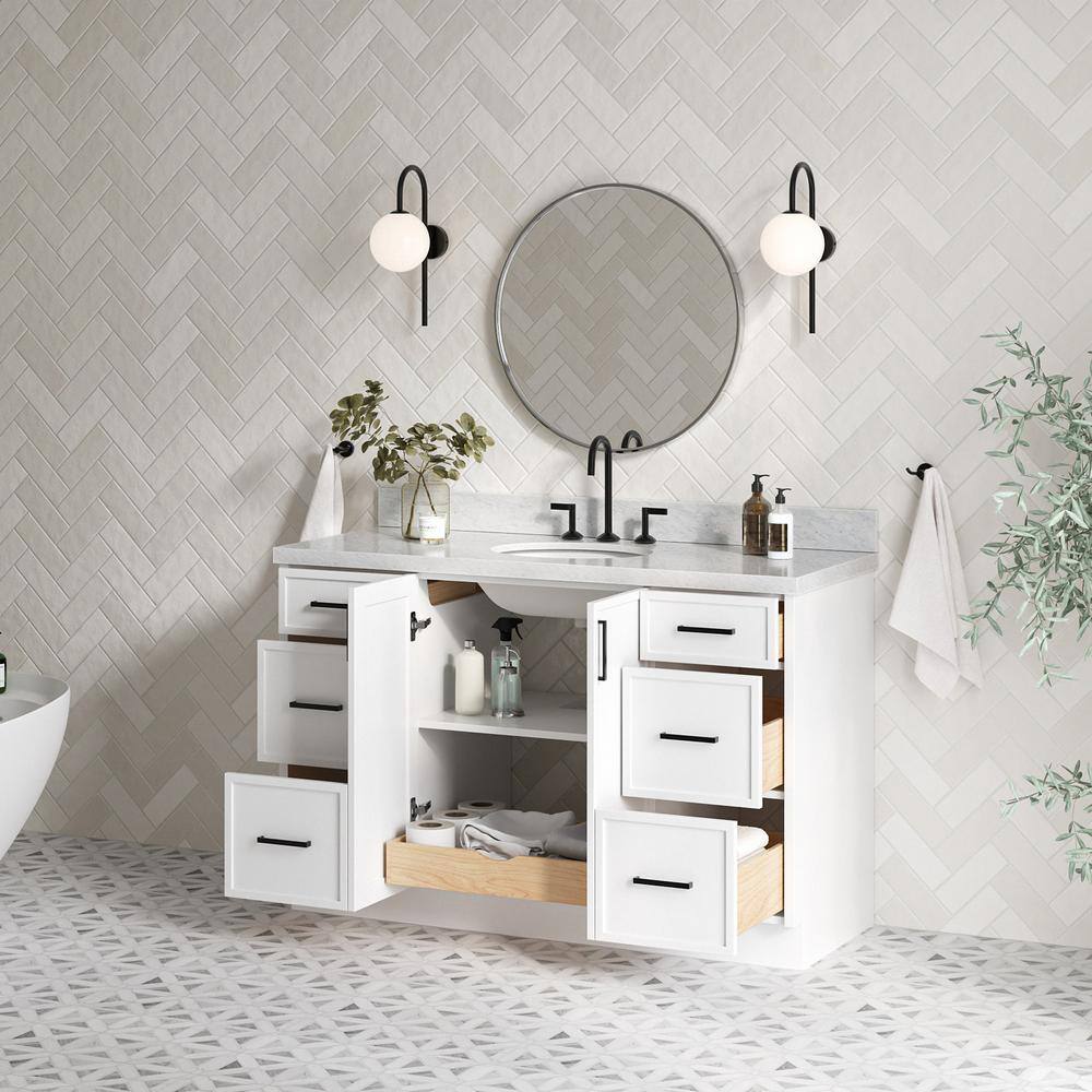 Kelly 55" White Solid Wood Single Sink Vanity with Carrara Marble Top