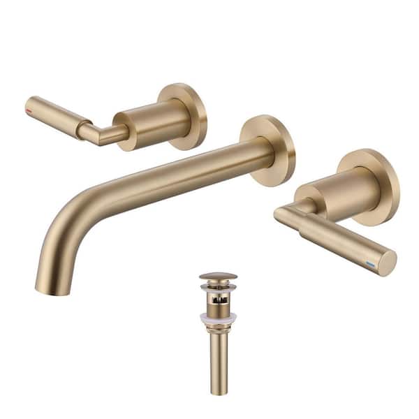 Double Handle Wall Mounted Bathroom Sink Faucet with Pop-Up Drain Kit Brass 3 Holes Basin Vanity Taps in Brushed Gold