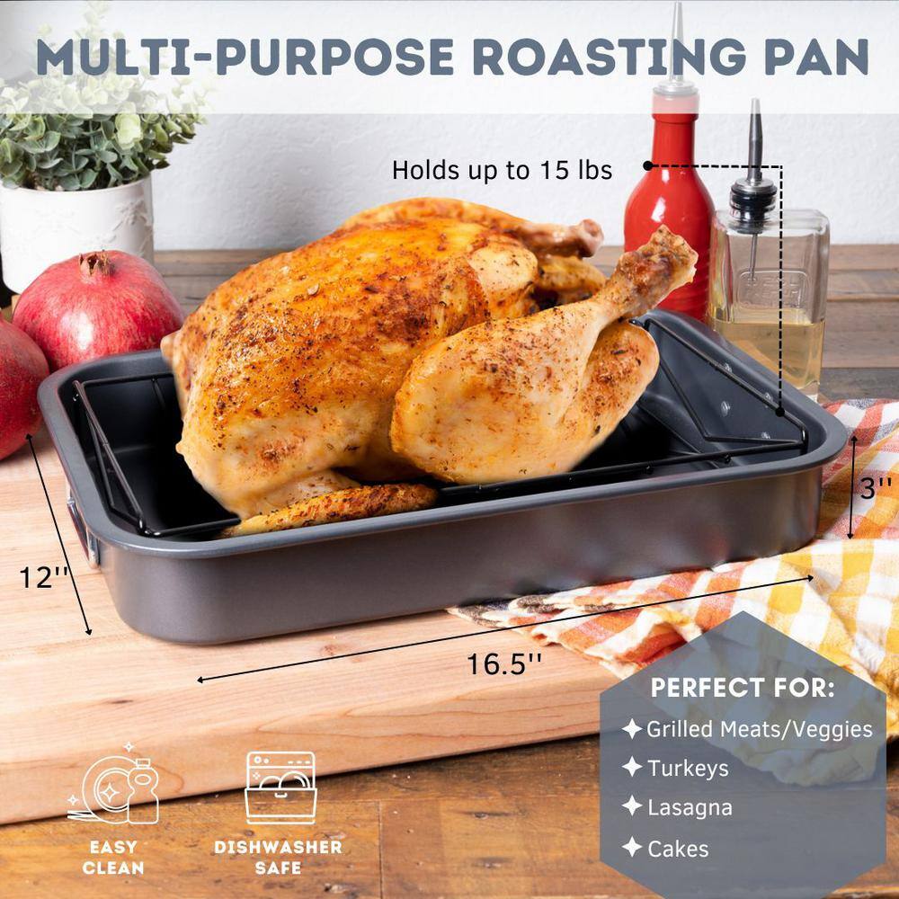 16.5-Inch Black Non-Stick Carbon Steel Roasting Pan with V-Rack