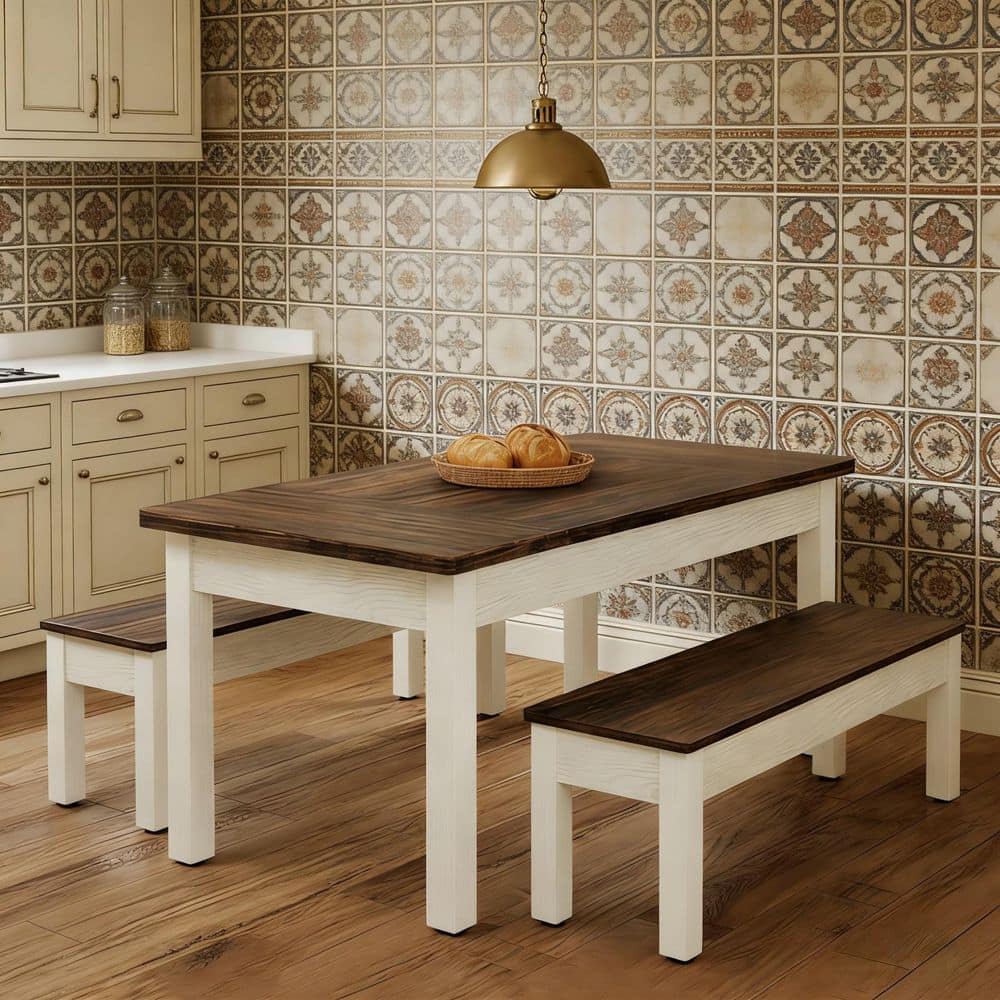 Roesler 3-Piece Rectangle Brown Wood Top Dining Table Set Kitchen Table Set Dinette Set Seats 6 (1 Table and 2 Benches)