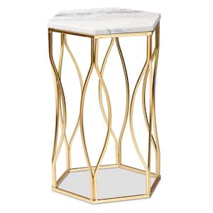 Kalena 14.2 in. White and Gold Hexagon Marble Top End Table