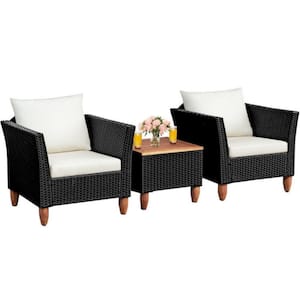 3-Piece Wicker Outdoor Patio Conversation Set Furniture Set with White Cushions and Acacia Wood Coffee Table