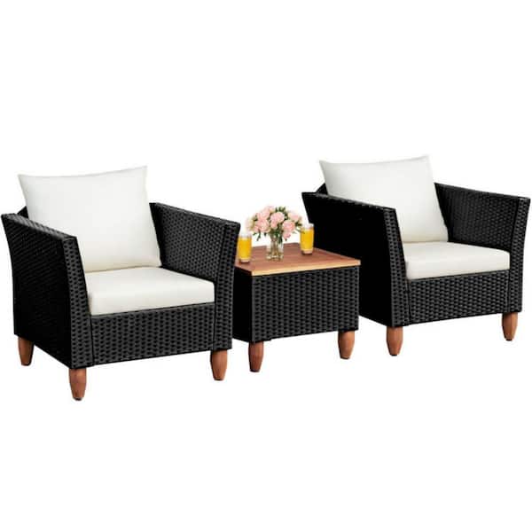 Clihome 3-Piece Wicker Outdoor Patio Conversation Set Furniture Set with White Cushions and Acacia Wood Coffee Table
