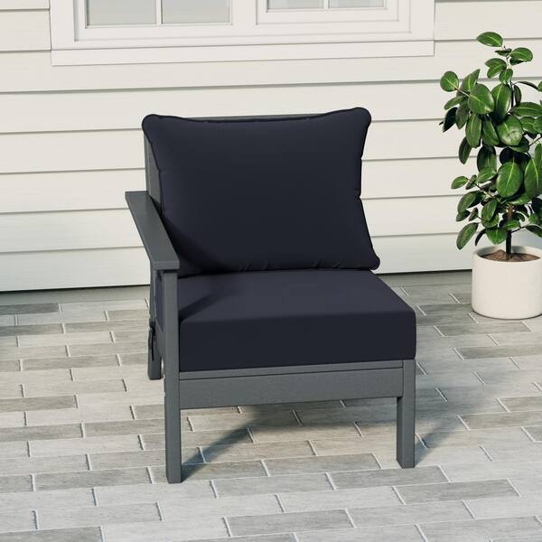 Birchwood Outdoor Patio Deep Seating Left Facing Arm HDPE Lounge Chair in Grey with Navy Blue Cushions
