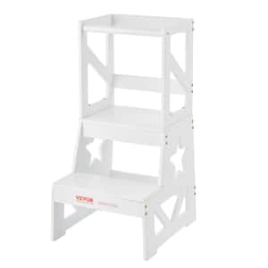 Natural Pine Wood Toddler Step Stool 150 Lbs. Load Standing Tower Learning Stool with Safety Rail for Home Kids, White