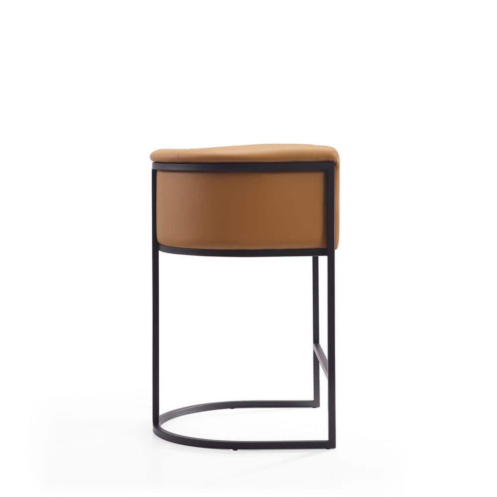 Midcentury Camel and Black Metal Counter Stool with Faux Leather Seat