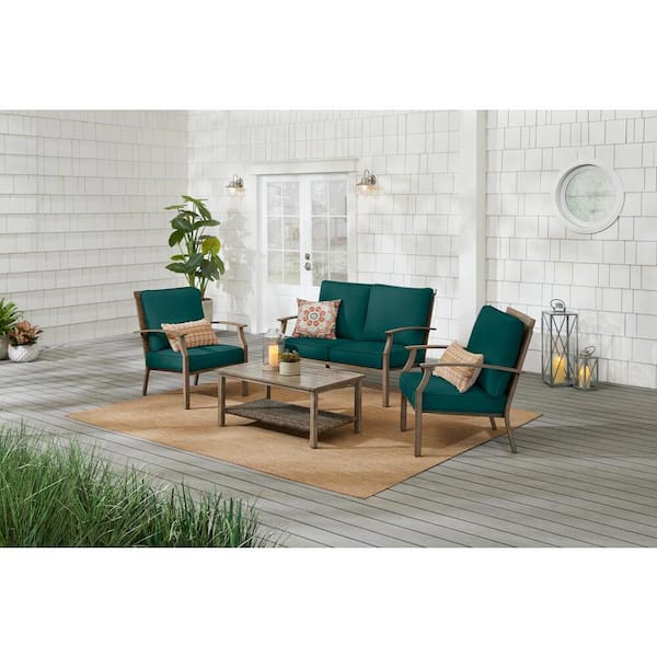 Hampton Bay Geneva 4-Piece Wicker Outdoor Patio Conversation Deep Seating Set with CushionGuard Malachite Green Cushions