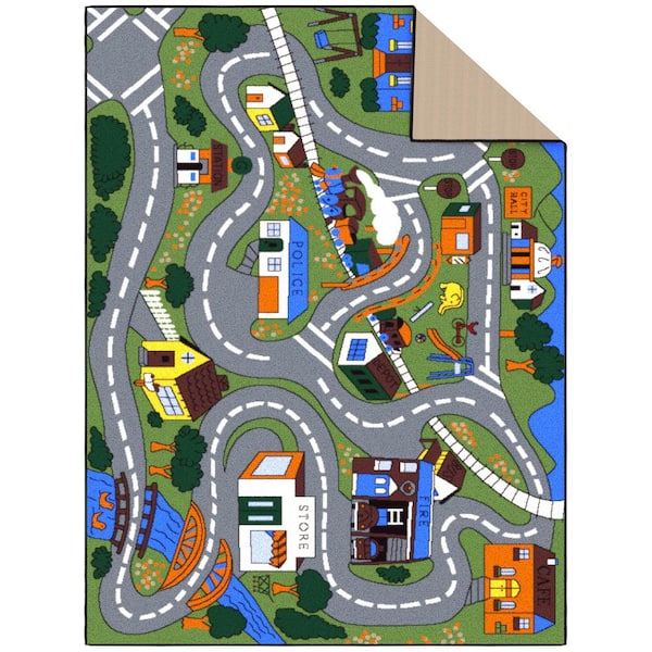 Ottomanson - Jenny Collection Non-Slip Rubberback Educational Town Traffic Play 5x7 Kid's Area Rug,5 ft.x6 ft. 6 in.,Green/Multicolor