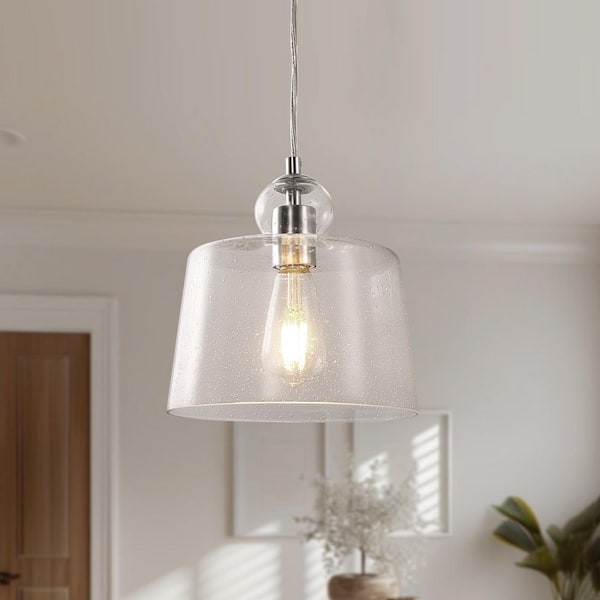 60-Watt 1-Light Brushed Nickel Dome Pendant Light with Seeded Glass Shade for Dining Room Bedroom