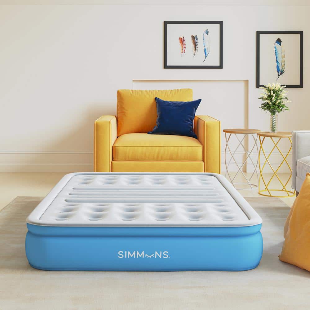 Queen White and Blue Raised Air Mattress with Built-in Pump