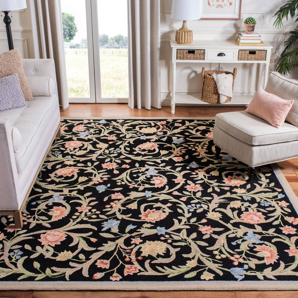 Handmade Black Floral Wool Reversible Rectangular Rug, 2'6" x 4'