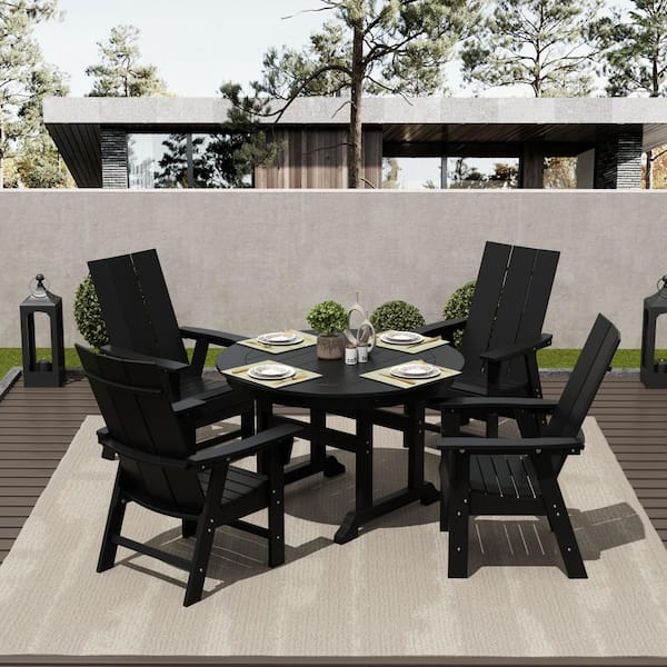 WESTIN OUTDOOR Shoreside Outdoor Patio Weather Resistant Adirondack Black 5-Piece HDPE Plastic Round Table Dining Set