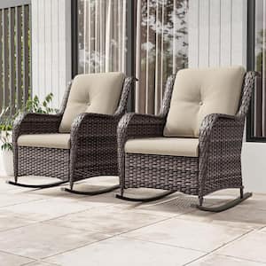 Wicker Outdoor Rocking Chair Patio with Beige Cushion (2-Pack)